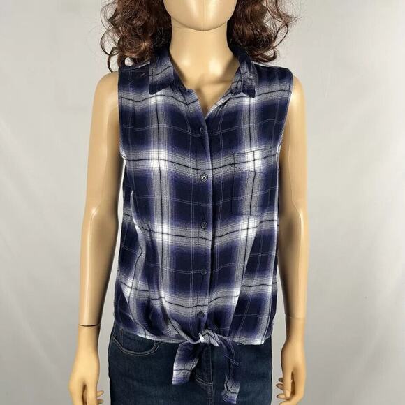 Beach Lunch Lounge Navy Plaid Sleeveless Button Tank Top Blouse Small Casual - Picture 1 of 5